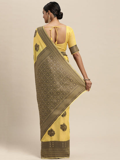 Women's Silk Blend Yellow Woven Design Designer Saree With Blouse Piece