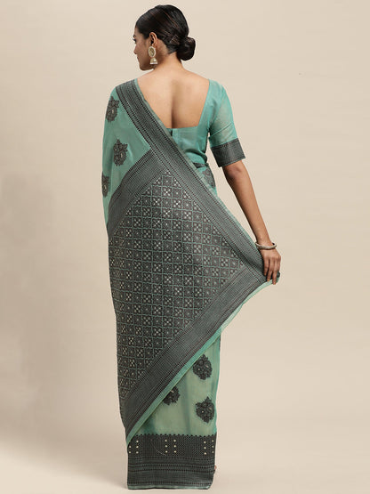 Women's Silk Blend Teal green Woven Design Designer Saree With Blouse Piece