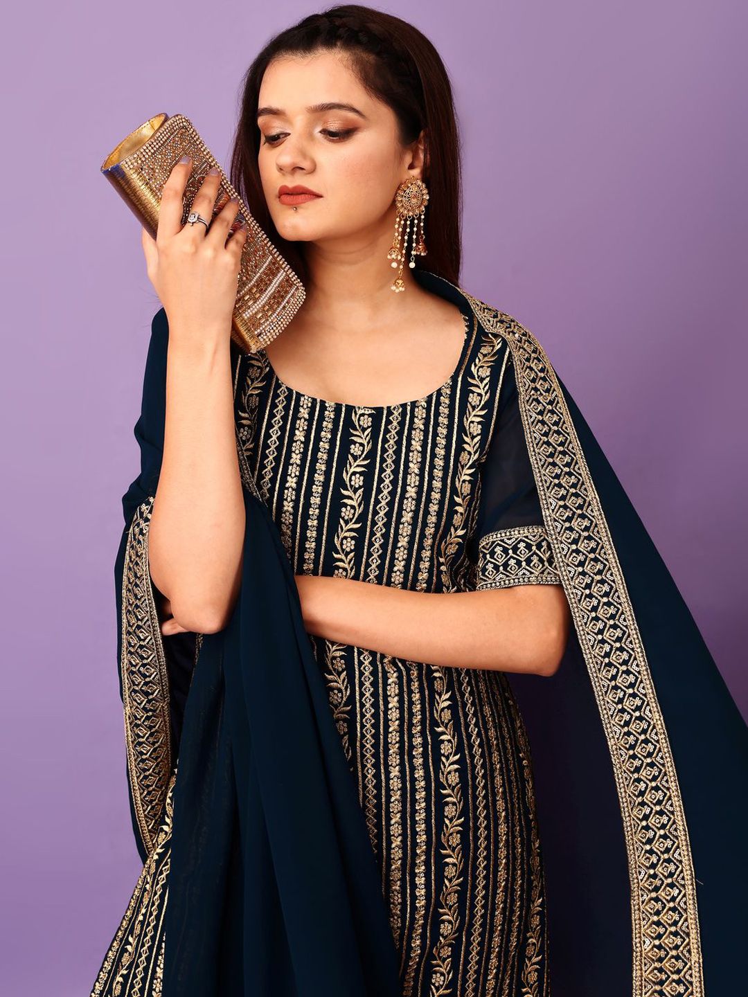 Dhiyona KL Floral Embroidered Georgette Straight Kurta with Sharara & Dupatta