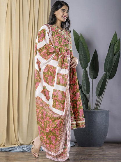 Dhiyona KL Floral Printed V-Neck Gotta Patti Pure Cotton Anarkali Kurta With Trouser & Dupatta
