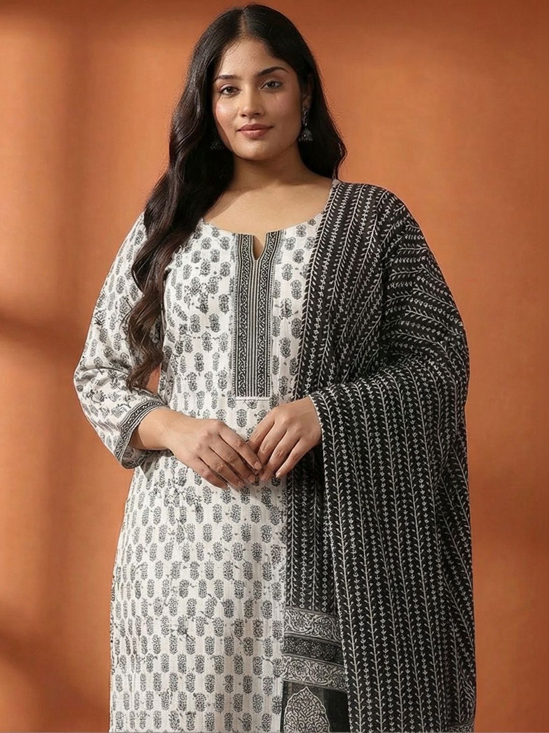 Dhiyona Women's Ethnic Motifs Printed Regular Pure Cotton Kurta with Trousers & With Dupatta