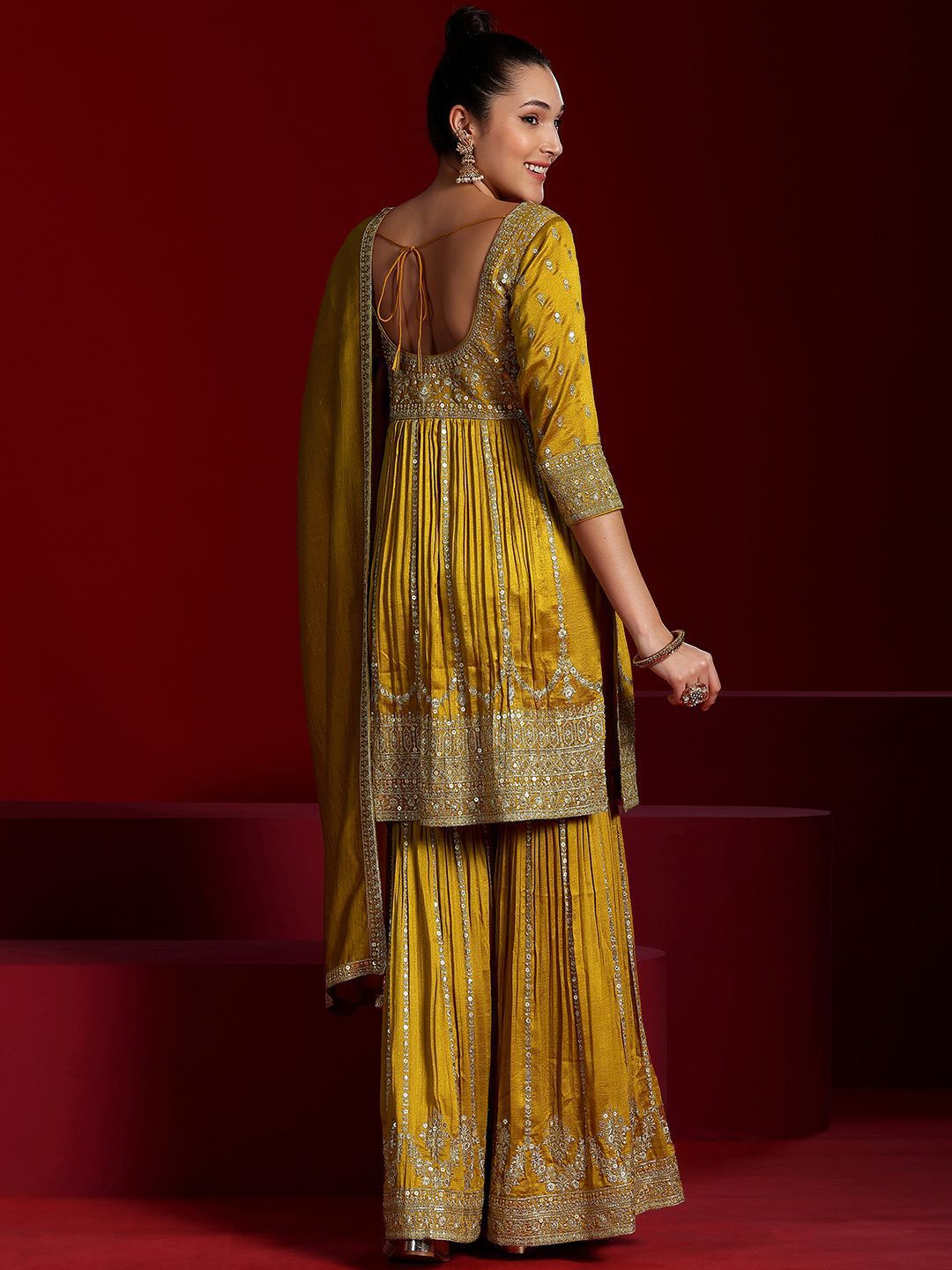 Dhiyona LL Floral Embroidered Empire Sequinned Anarkali Kurta with Sharara & Dupatta