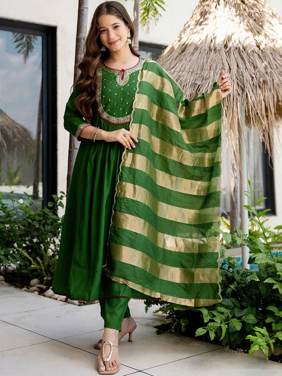 Dhiyona KL Ethnic Motifs Embroidered Sequinned Chanderi Silk Kurta With Trousers & Dupatta
