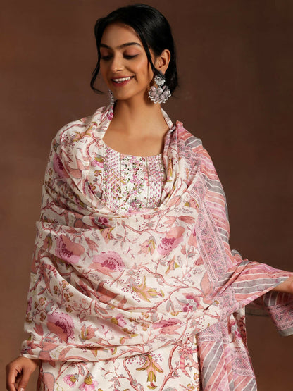 Women's LB Pink Printed Cotton Straight Suit With Dupatta