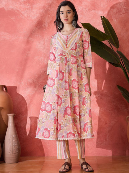 Printed Pure Cotton Round Neck Kurta & Trousers Kurta Sets