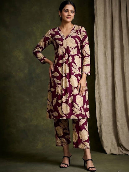 Printed Pure Cotton V-Neck Kurta & Trousers