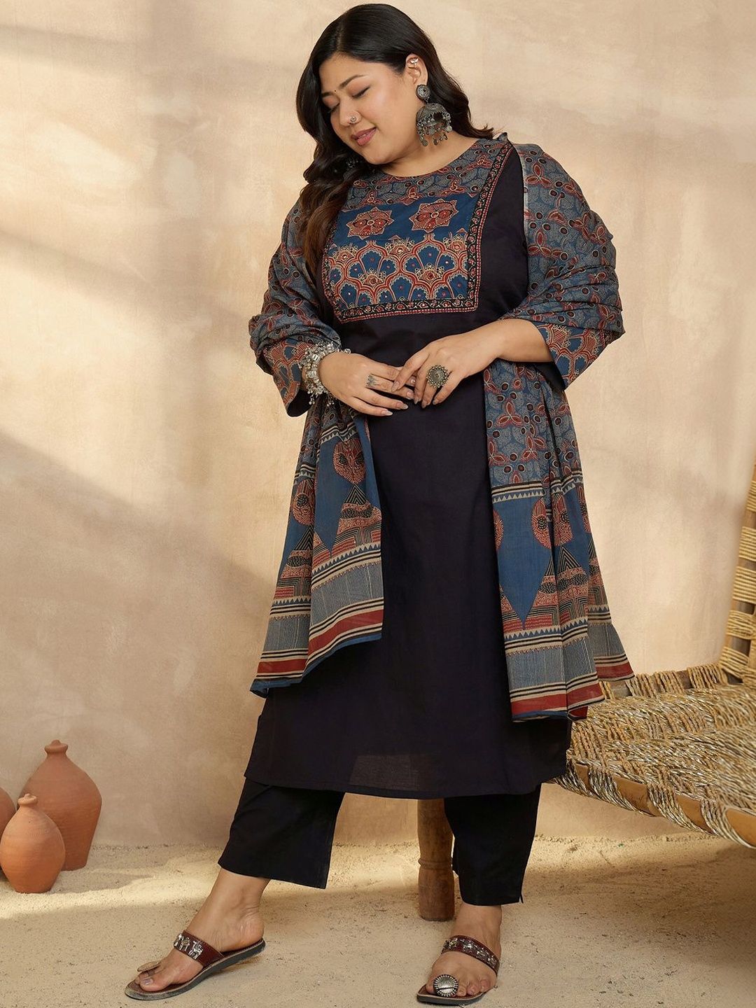 Dhiyona Women's Ethnic Motifs Embroidered Regular Beads and Stones Kurta with Trousers & With Dupatta