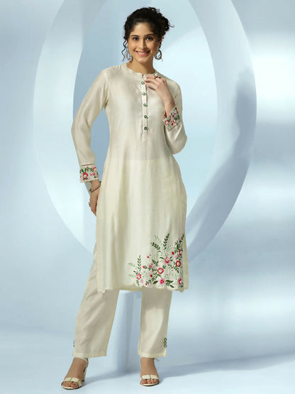 Women's LB Off White Embroidered Silk Blend Straight Kurta Set