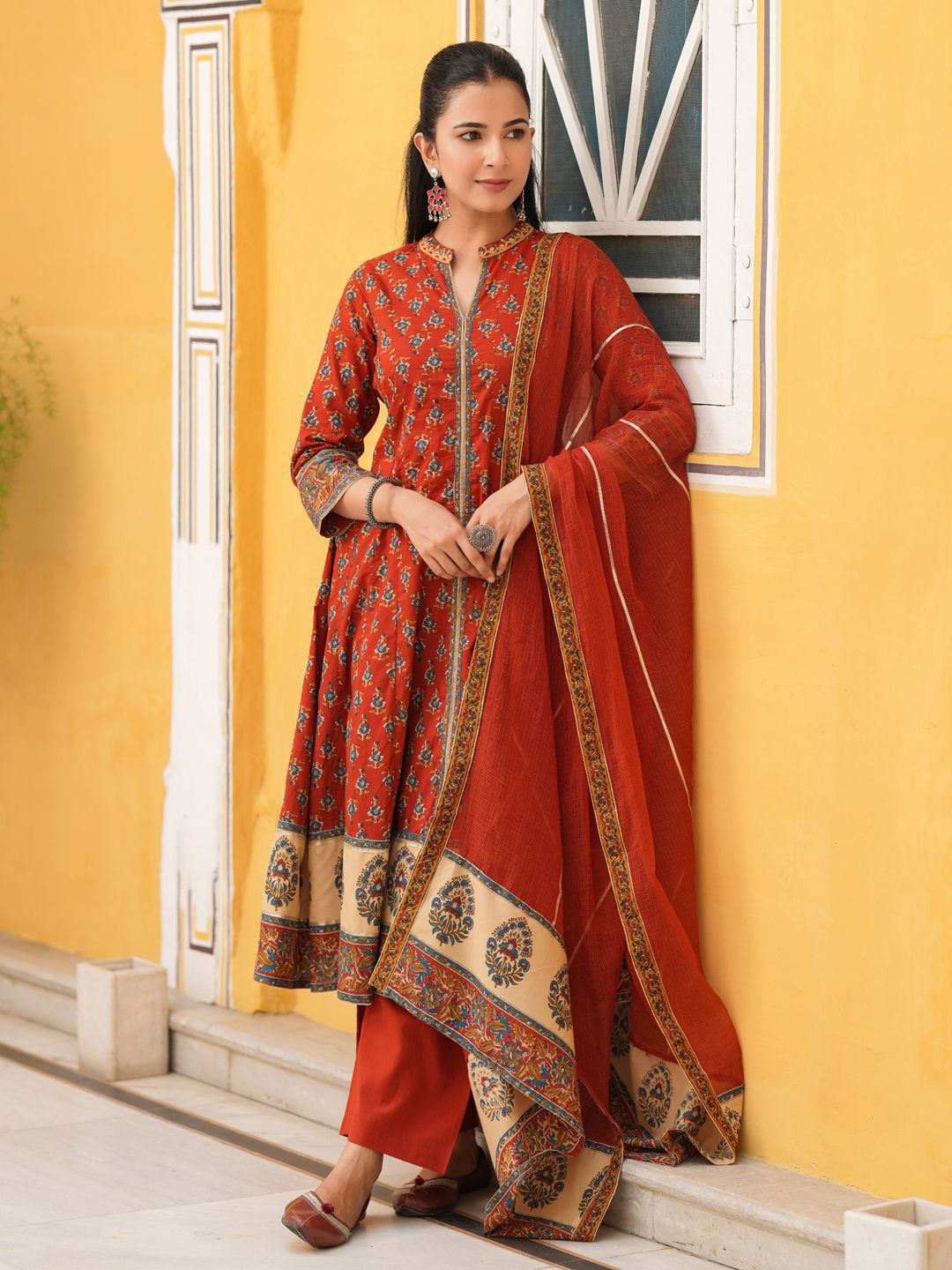 Dhiyona RR Women's Ethnic Motifs Printed Cotton Anarkali Kurta with Trousers & Dupatta