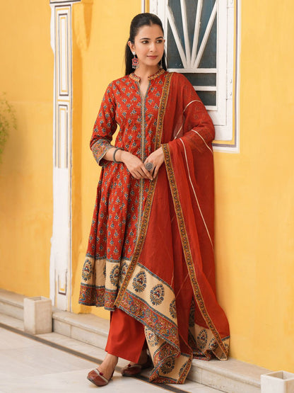 Dhiyona RR Women's Ethnic Motifs Printed Cotton Anarkali Kurta with Trousers & Dupatta
