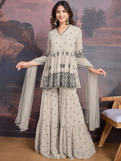 Dhiyona HOP Floral Embroidered Sequinned Georgette Kurta with Sharara & Dupatta