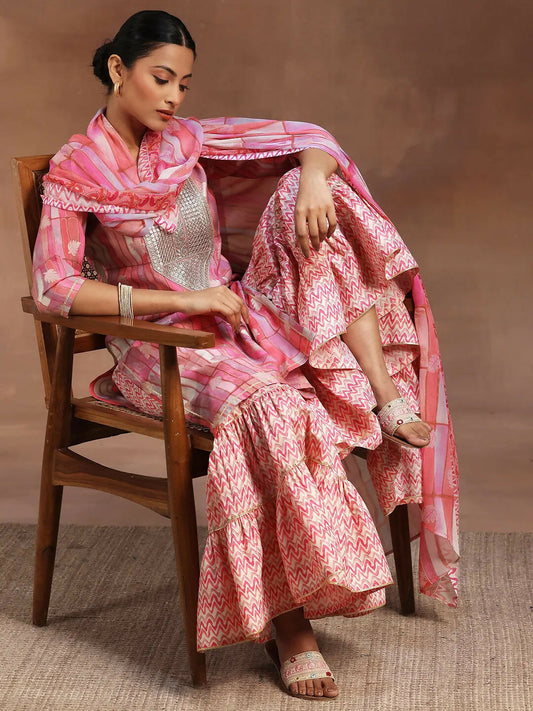 Women's LB Pink Printed Silk Blend Straight Suit With Dupatta