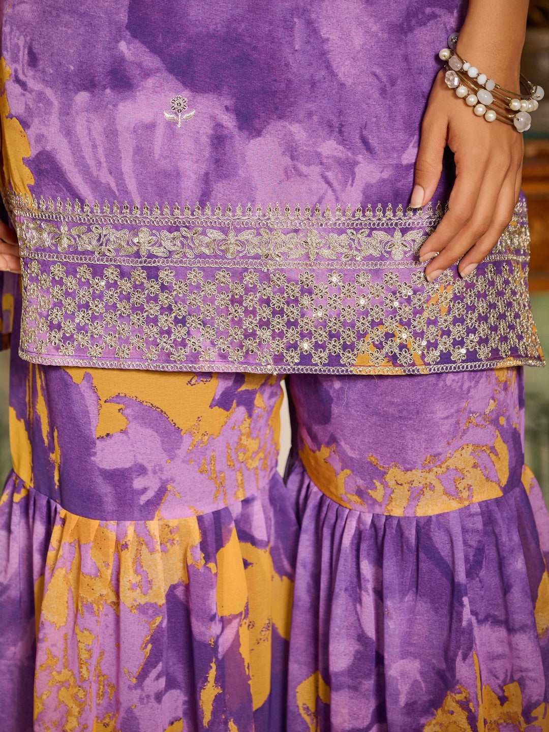 Women Dyed Regular Thread Work Kurta with Sharara & With Dupatta