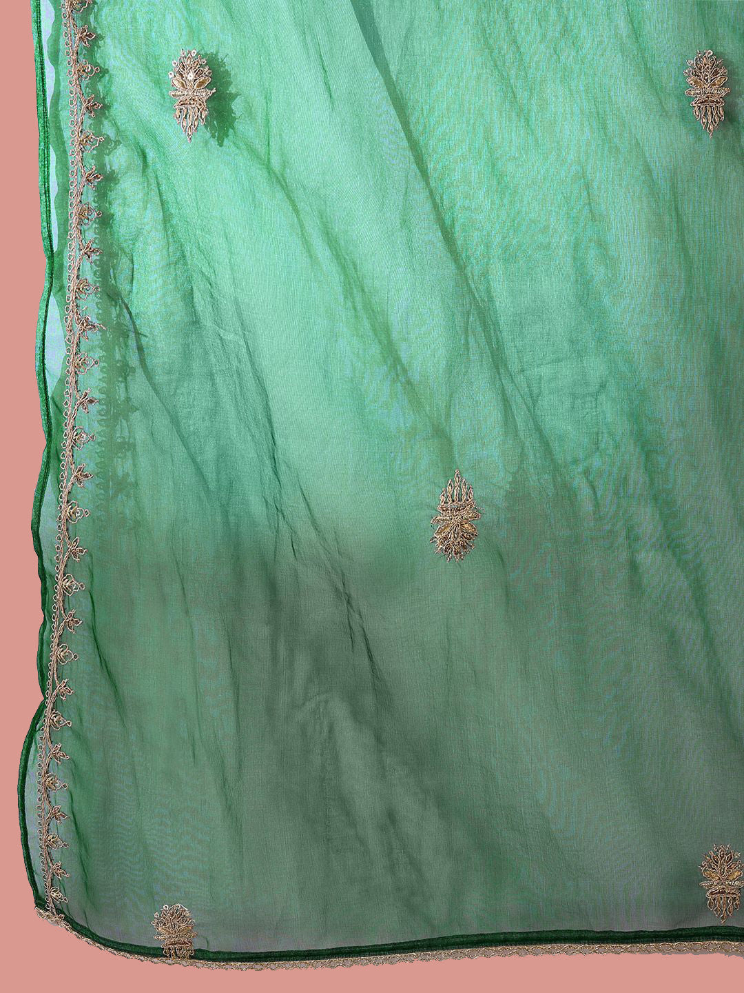 Green Floral Embroidered Panelled Zari A-Line Kurta With Trousers And Dupatta
