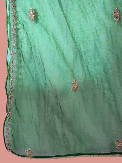 Green Floral Embroidered Panelled Zari A-Line Kurta With Trousers And Dupatta