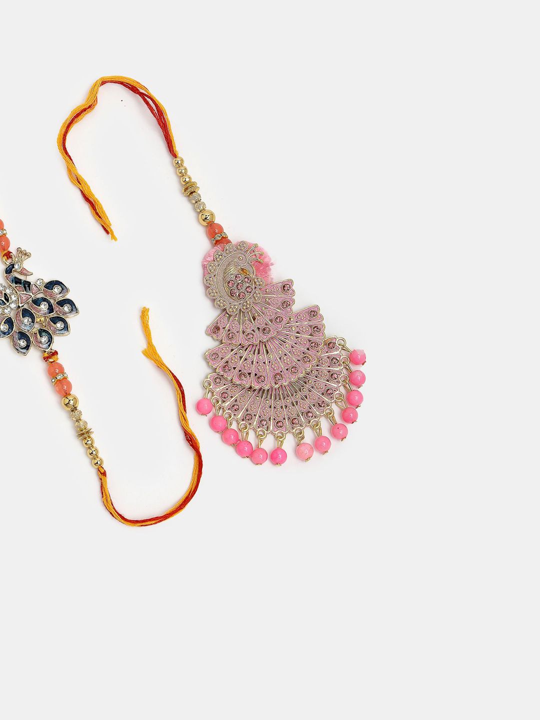 Dhiyona Unisex Set Of 2 Multicolor Peacock Design Stone & Beaded Bhaiya Bhabhi Rakhi