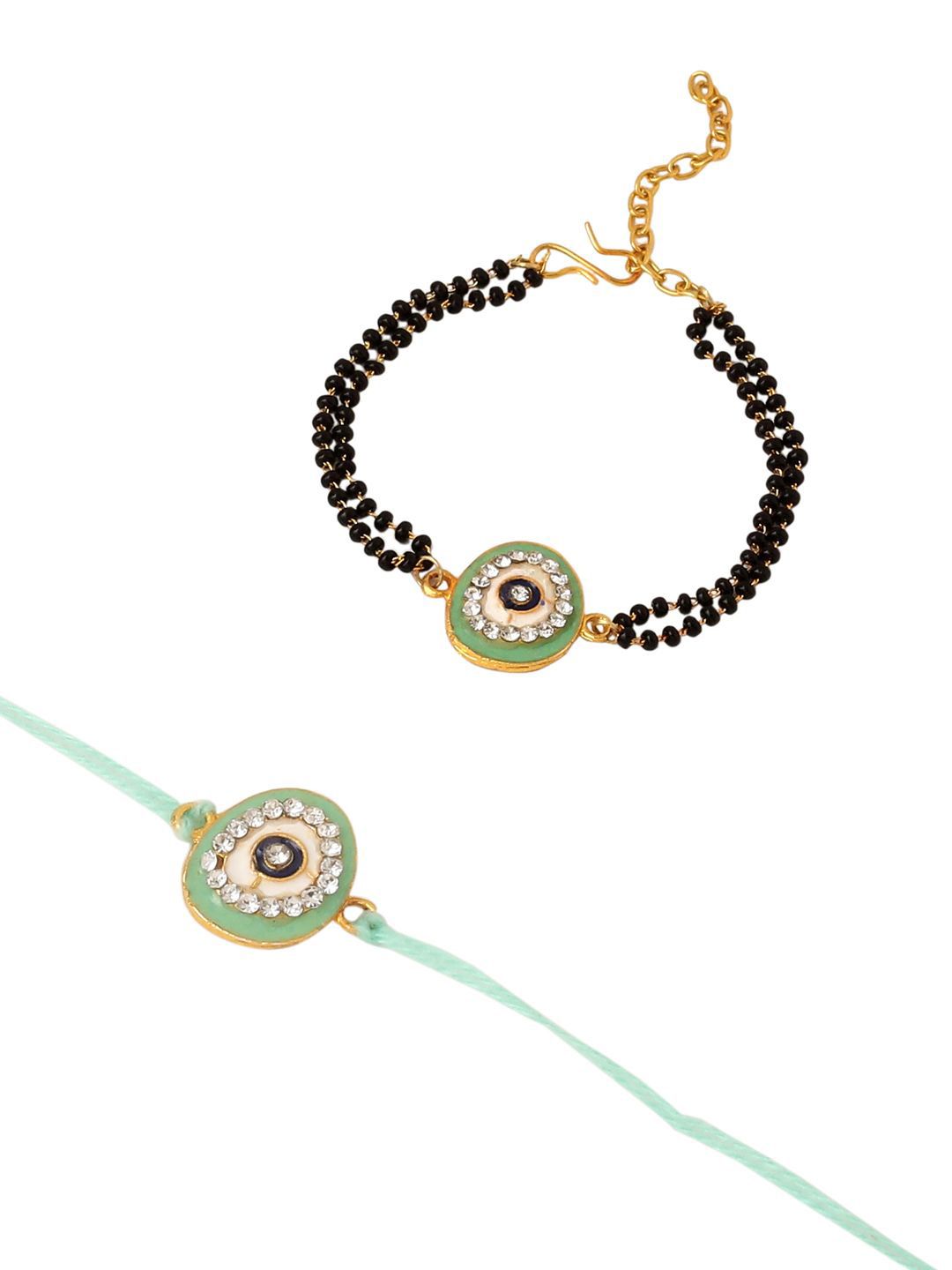 Dhiyona Set Of 2 Green Round Shape Artificial Stones Bhaiya Bhabhi Rakhi With Roli Chawal