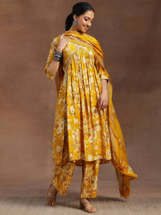 Women's LB Yellow Printed Silk Blend A-Line Kurta With Palazzos & Dupatta