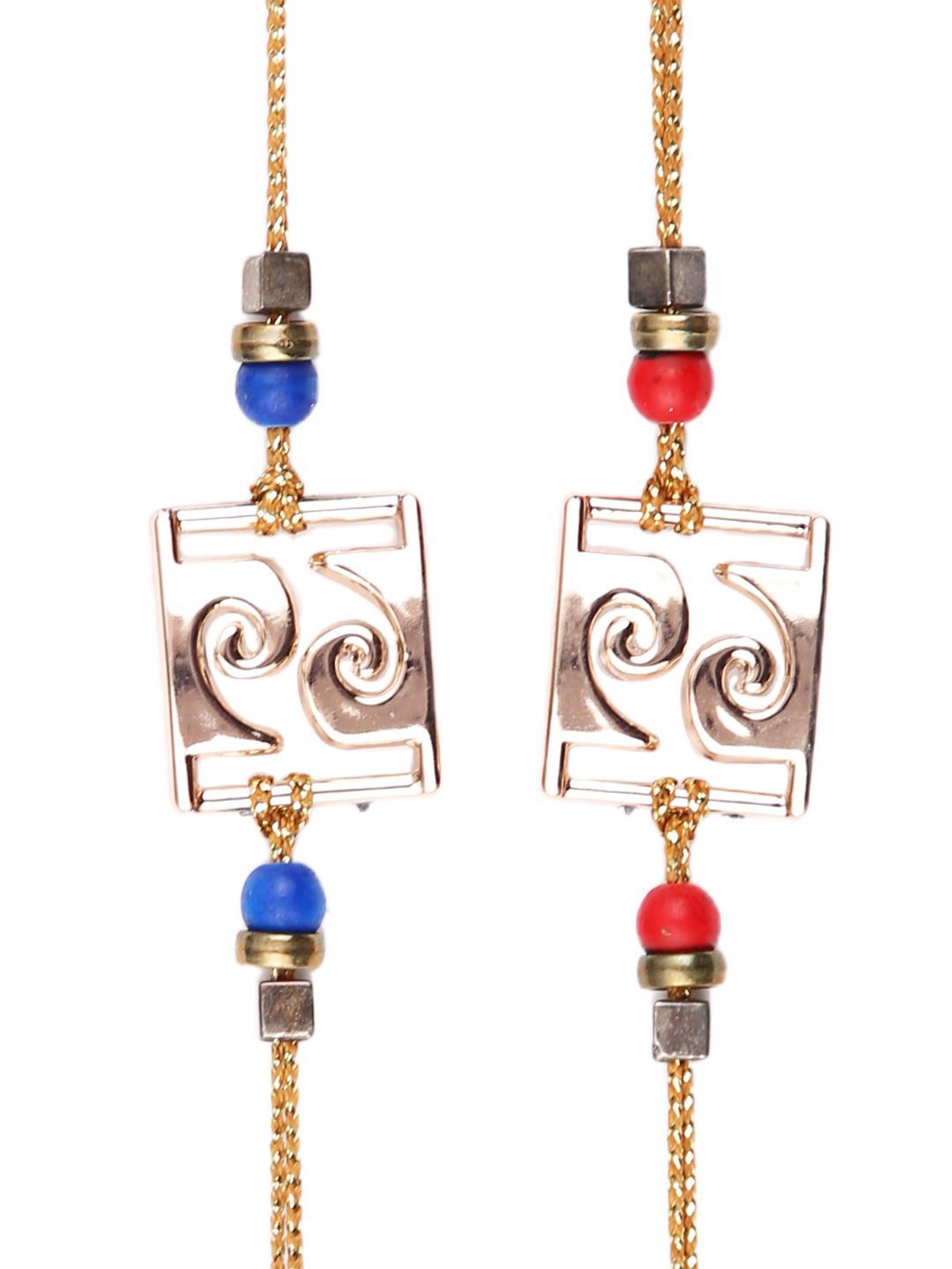 Dhiyona Red Set Of 2 Beaded Square Charm Thread Rakhis With Roli Chawal & Greeting Card
