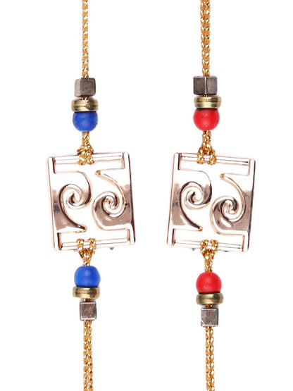 Dhiyona Red Set Of 2 Beaded Square Charm Thread Rakhis With Roli Chawal & Greeting Card