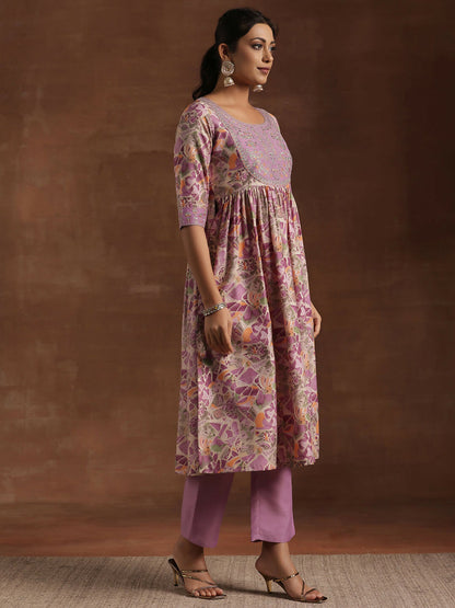 Women's LB Purple Printed Silk Blend A-Line Kurta With Trousers & Dupatta