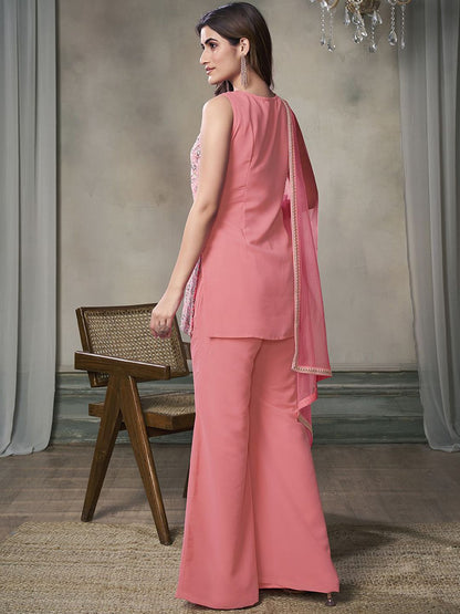Dhiyona IN Paisley Embroidered Notch Neck Georgette Straight Kurta & Sharara with Dupatta