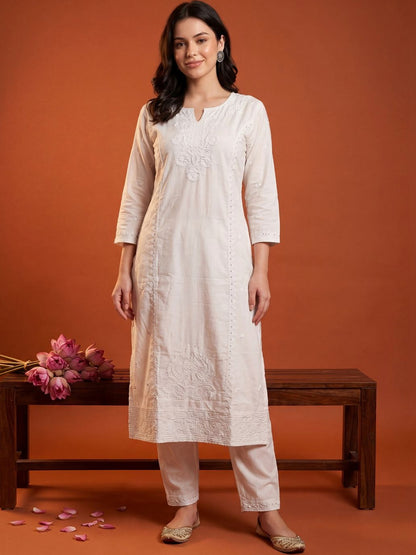 Women Ethnic Motifs Embroidered Regular Chikankari Kurta with Trousers