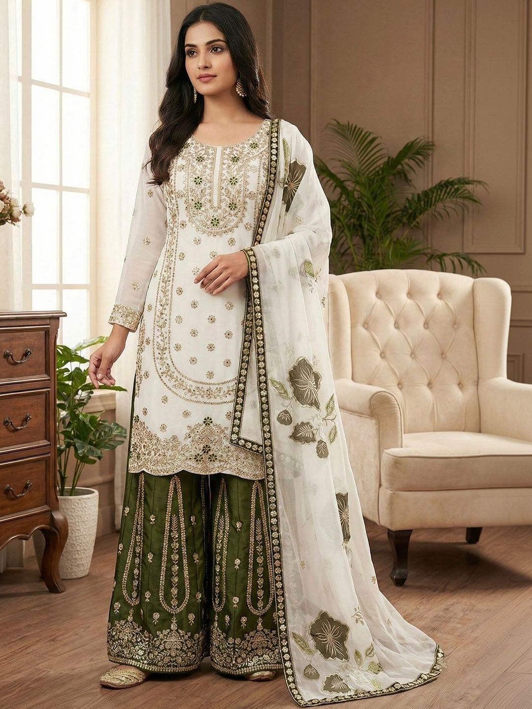 Dhiyona KL Women Ethnic Motifs Embroidered Regular Sequinned Kurta with Sharara & With Dupatta