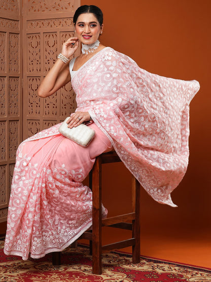 Women's Organza Pink Embroidered Designer Saree With Blouse Piece