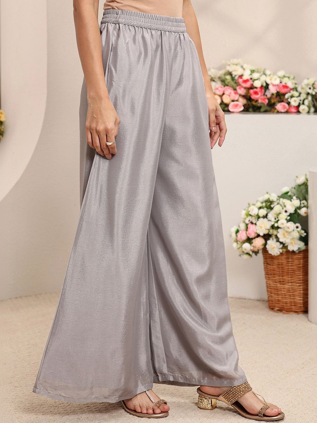 Grey Embellished Chinon Straight Suit Set with Dupatta