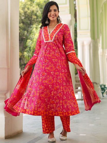 Dhiyona RR Women's Floral Sequinned Pure Cotton Kurta with Trousers & Dupatta