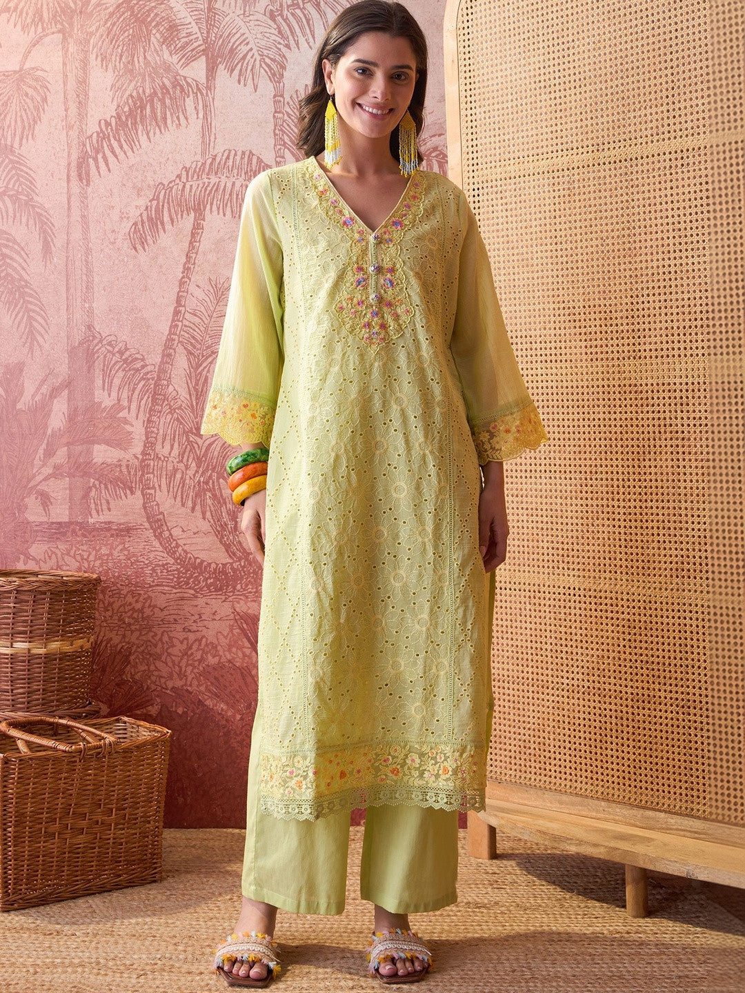 Women Ethnic Motifs Embroidered Regular Chikankari Pure Cotton Kurta with Palazzos & With Dupatta