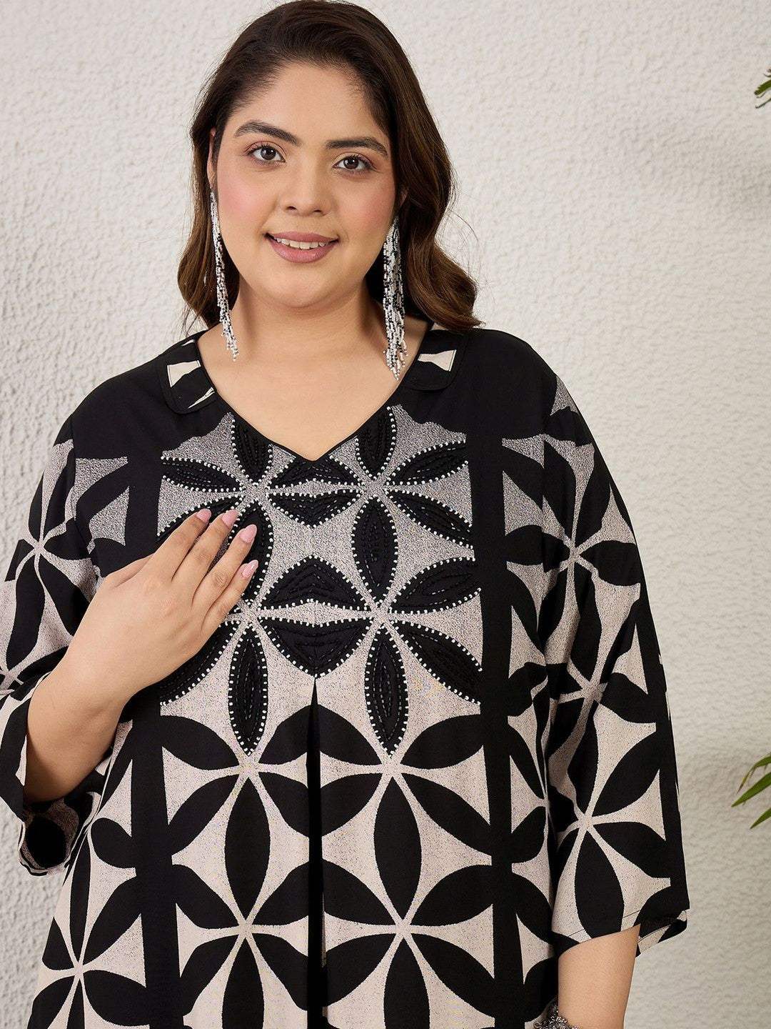 Plus Size Black Printed A-Line Kurta Palazzos Set
