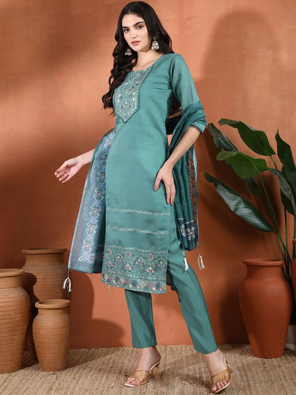 Women Ethnic Motifs Embroidered Regular Thread Work Kurta with Trousers & Dupatta