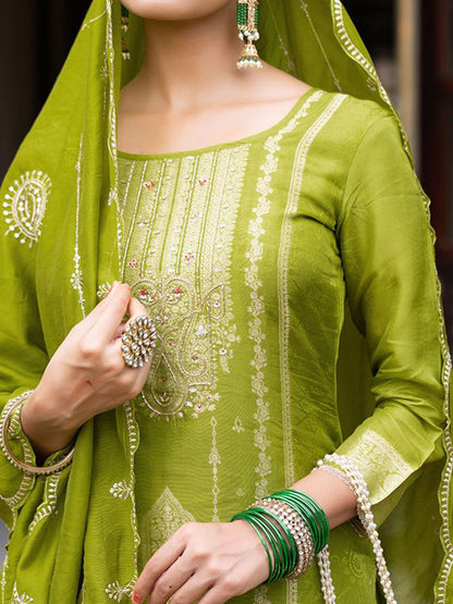 Dhiyona CH Ethnic Motifs Embroidered Thread Work Straight Kurta With Palazzos & Dupatta