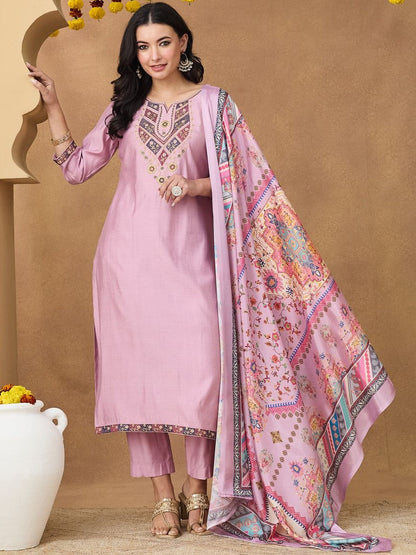 Embroidered Round Neck Kurta & Trousers With Dupatta