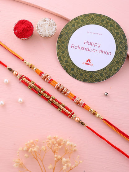 Dhiyona Set Of 2 Red Beaded Rakhi With Roli Rice & Greeting Card