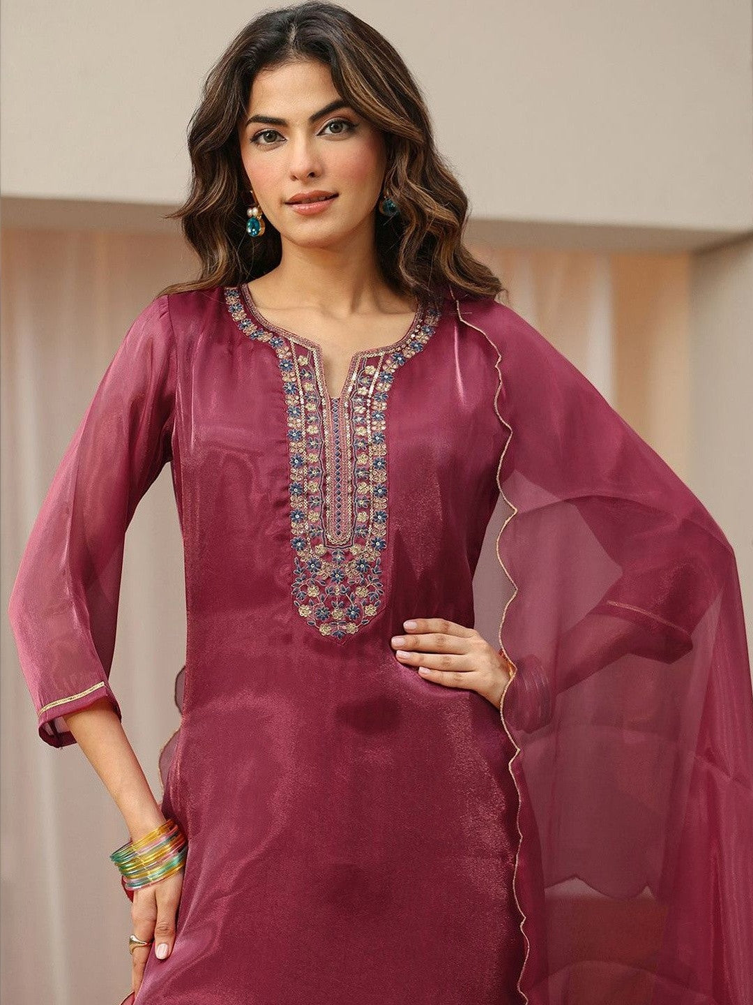 Libas Maroon Yoke Design Tissue Straight Suit Set
