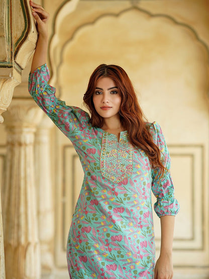 Dhiyona KL Floral Printed Mirror Work Pure Cotton Straight Kurta With Trousers & Dupatta