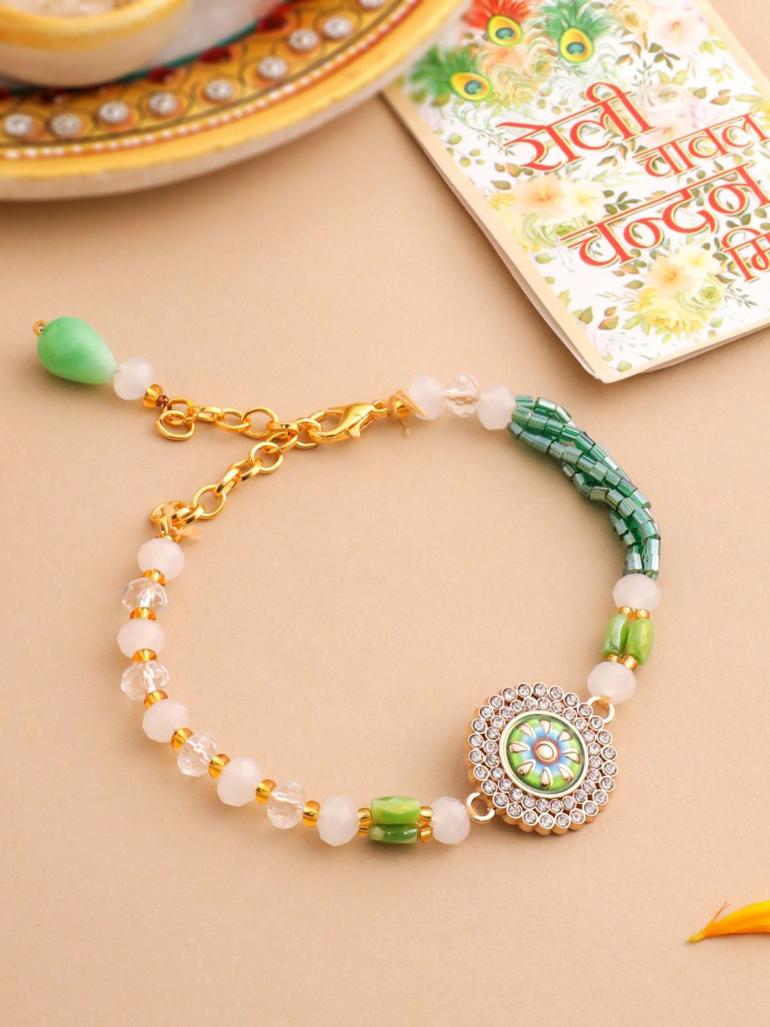 Dhiyona Artificial Stones & Beads Floral Wraparound Rakhi With Roli Chawal Chandan Mishri