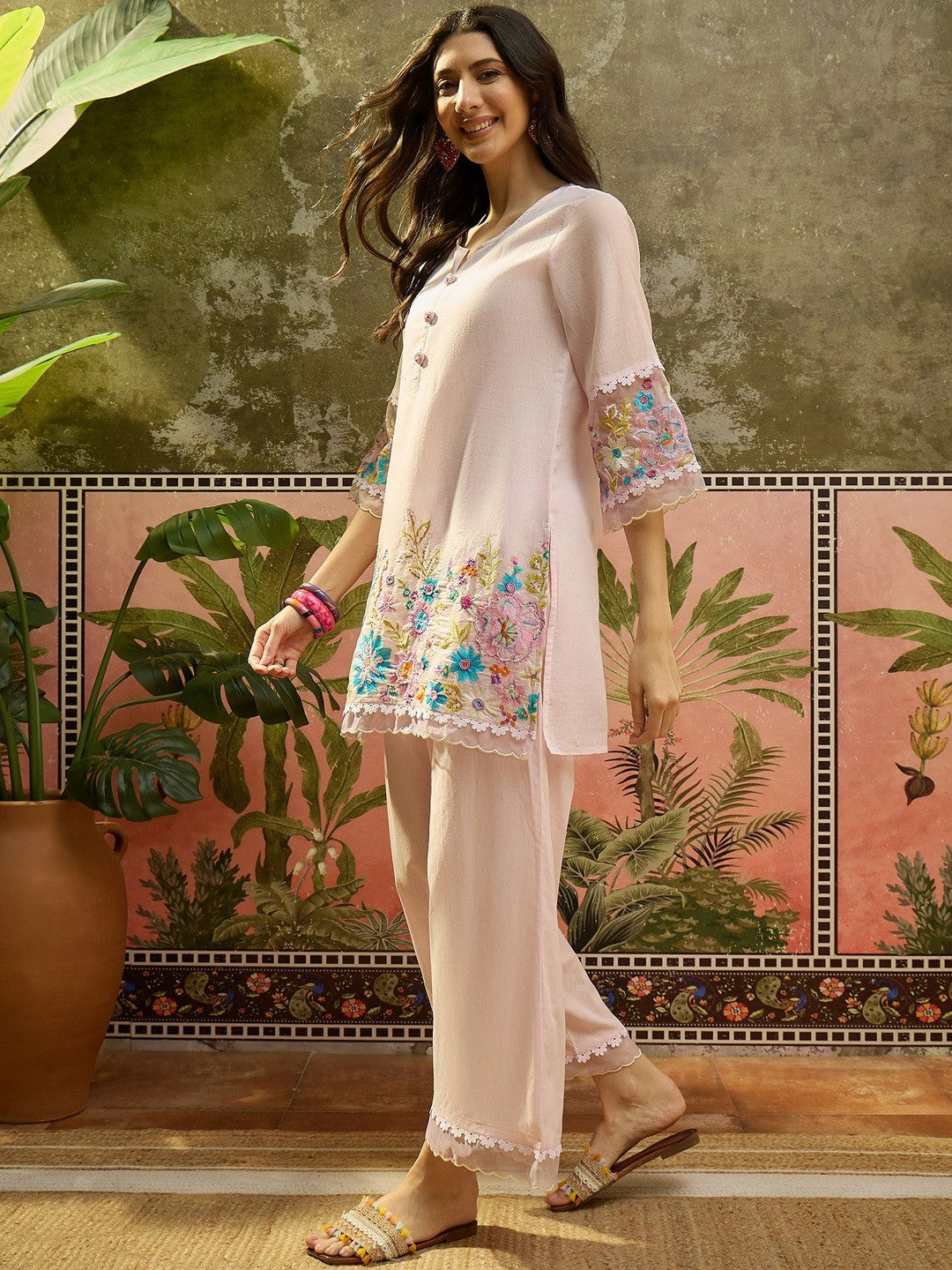 Embroidered Pure Cotton Round Neck Kurti & Trousers