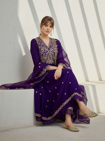 Dhiyona CH Women Ethnic Motifs Embroidered Regular Thread Work Kurta with Trousers & With Dupatta