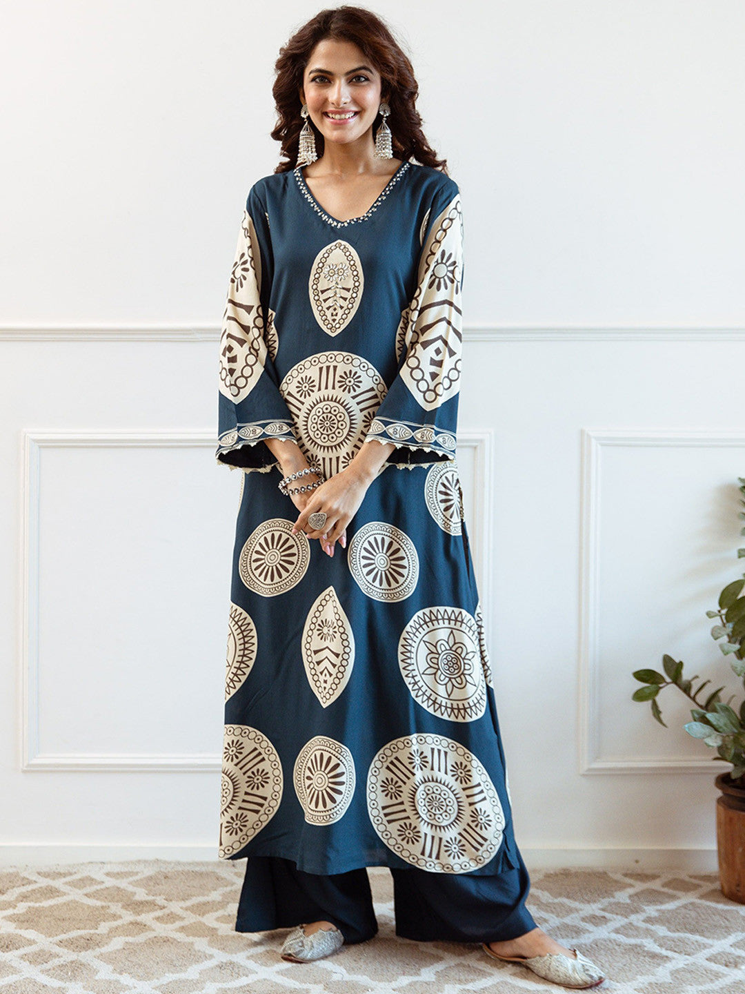 Printed With Embroidered Kurta With Palazzos
