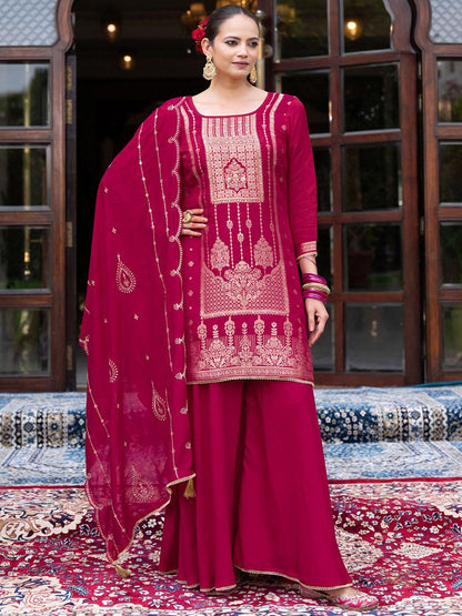 Dhiyona CH Women Jacquard Kurta with Plazzo and Embroidered Dupatta