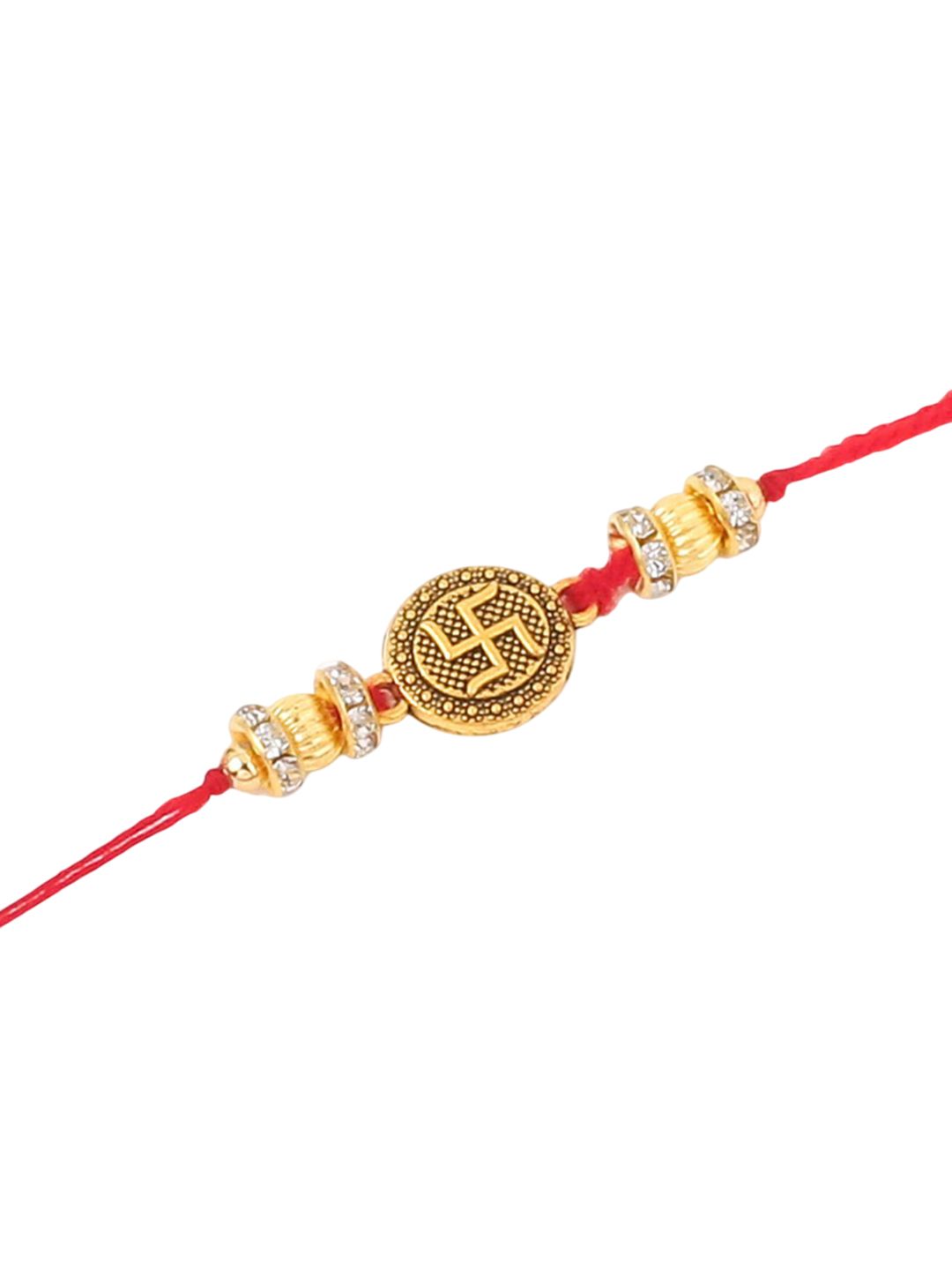 Dhiyona Set Of 2 Stones Studded Swastik Design Thread Rakhis & Roli Chawal Chandan
