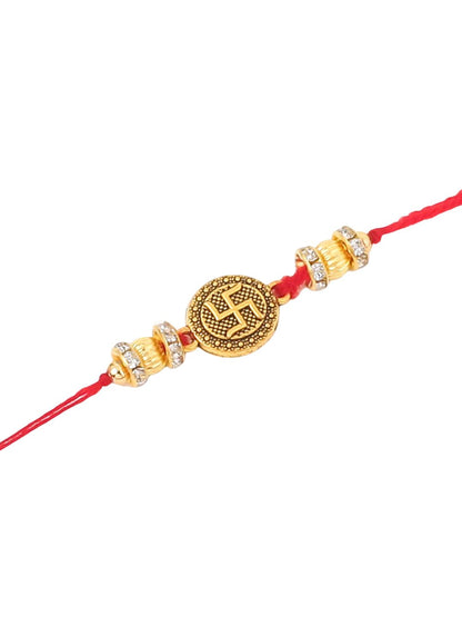 Dhiyona Set Of 2 Stones Studded Swastik Design Thread Rakhis & Roli Chawal Chandan