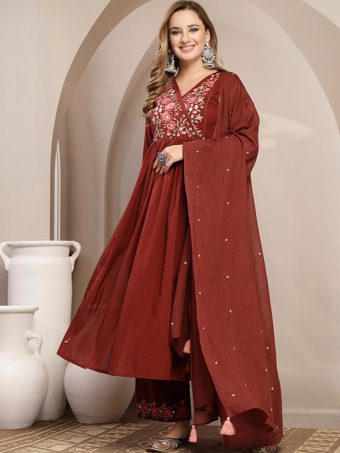 Dhiyona SN Women Floral Embroidered Angrakha Thread Work Pure Cotton Kurta with Palazzos & With Dupatta