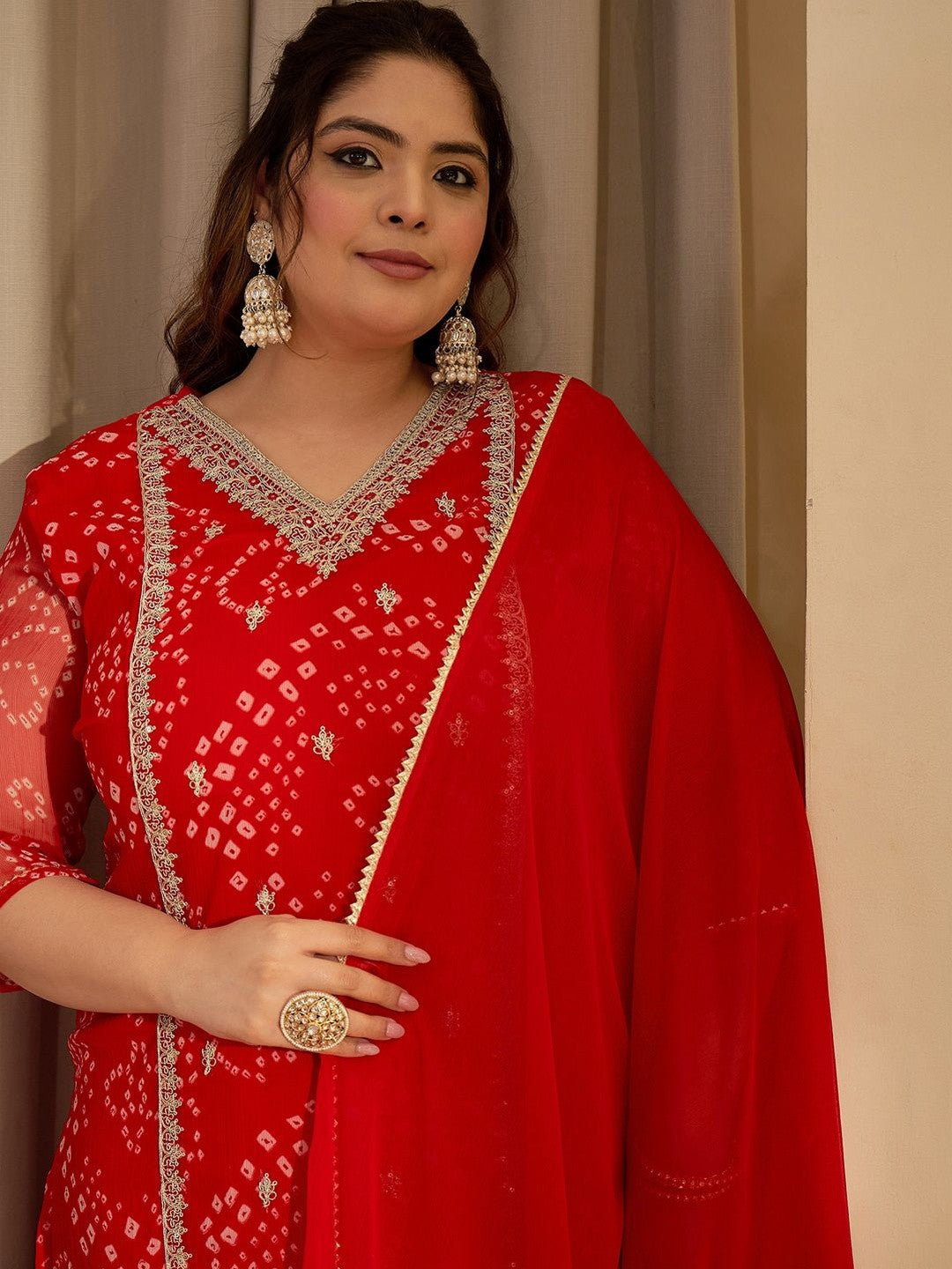 Plus Size Red Embroidered Straight Kurta Trousers With Dupatta Set