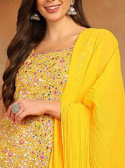 Dhiyona KL Women Floral Embroidered Regular Mirror Work Kurta with Sharara & With Dupatta