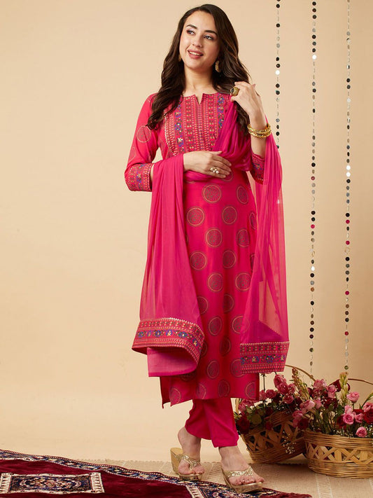 Dhiyona KL Women Ethnic Motifs Printed Regular Kurta with Trousers & With Dupatta
